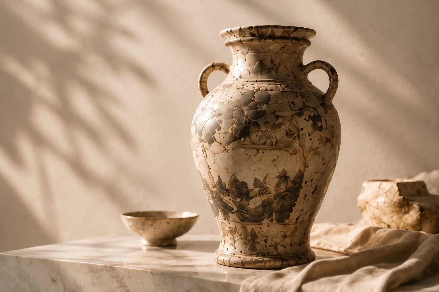 Terra Amphora Vase in hand-glazed ceramic on a marble ledge